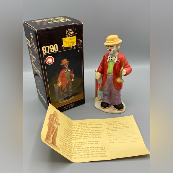 Emmett Kelly Clown Figurine Flambro 9790F Holding Horn Trunk 7 Inch Original Box - Picture 2 of 7